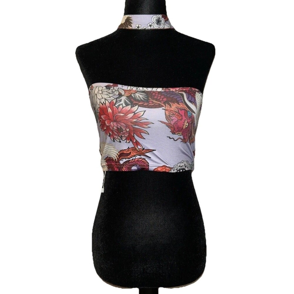 Medium Dragon Print Multicolor Strapless Chocker Crop Top
